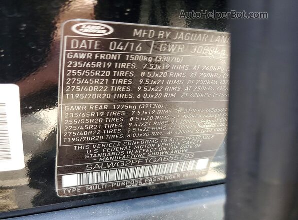 SALWG2PF1GA655793 2016 LAND ROVER RANGE Черный Вид подкапотного пространства