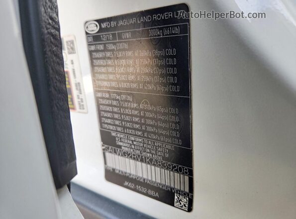 SALWG2RV1KA839208 2019 LAND ROVER RANGE White Vista de la etiqueta del VIN