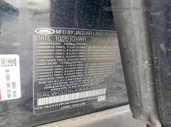 SALWG2SU0MA759838 2021 LAND ROVER RANGE Black Vista de la etiqueta del VIN