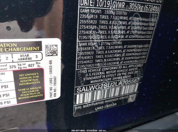 SALWG2SU2LA705567 2020 LAND ROVER RANGE ROVER SPORT Black Շարժիչի բաժամունքի տեսք