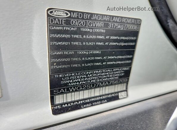 SALWG2SU7MA756709 2021 LAND ROVER RANGE Белый Вид наклейки с VIN-кодом