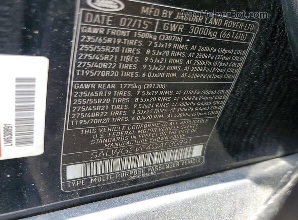 SALWG2VF4GA630891 2016 LAND ROVER RANGE Black Widok naklejki z numerem VIN