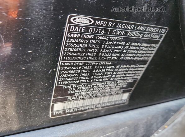 SALWG2VF5GA576310 2016 LAND ROVER RANGE Black Vista del compartimento del motor