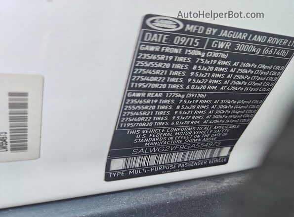 SALWG2VF9GA554973 2016 LAND ROVER RANGE White VIN კოდის სტიკერის ხედი