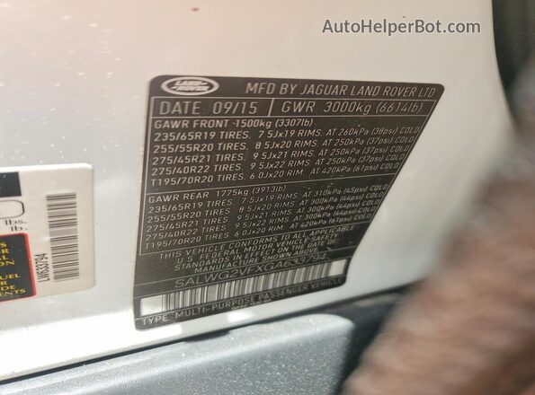 SALWG2VFXGA633794 2016 LAND ROVER RANGE White Вид наклейки з VIN-кодом