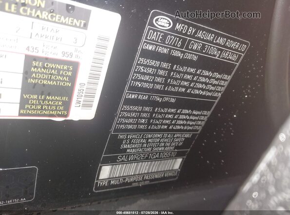 SALWR2EF1GA105510 2016 LAND ROVER RANGE ROVER SPORT Black Вид підкапотного простору