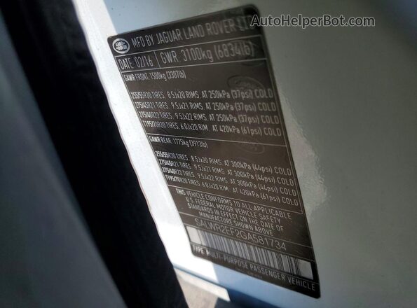 SALWR2EF2GA581734 2016 LAND ROVER RANGE White Widok naklejki z numerem VIN