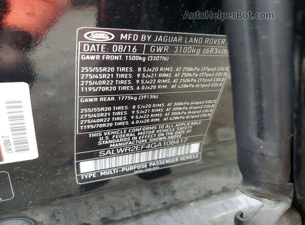SALWR2EF4GA108417 2016 LAND ROVER RANGE Black VIN კოდის სტიკერის ხედი