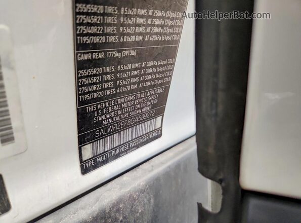 SALWR2EF8GA589272 2016 LAND ROVER RANGE White VIN კოდის სტიკერის ხედი
