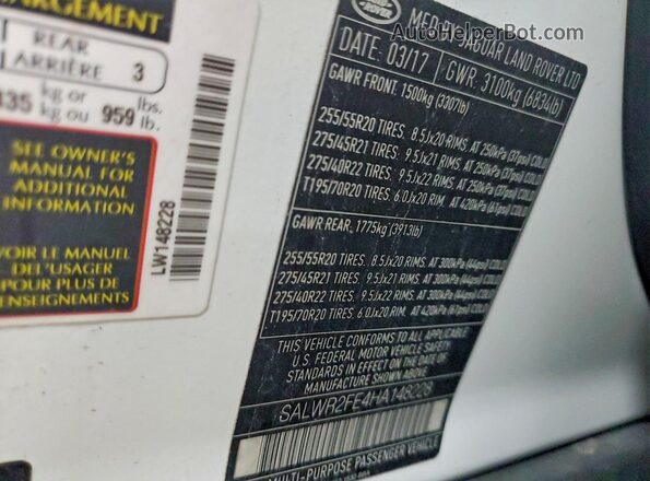 SALWR2FE4HA148228 2017 LAND ROVER RANGE White Vista de la etiqueta del VIN