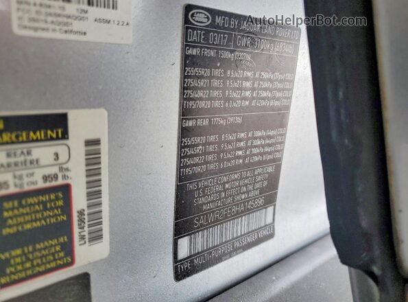 SALWR2FE8HA145896 2017 LAND ROVER RANGE Silver Widok komory silnika