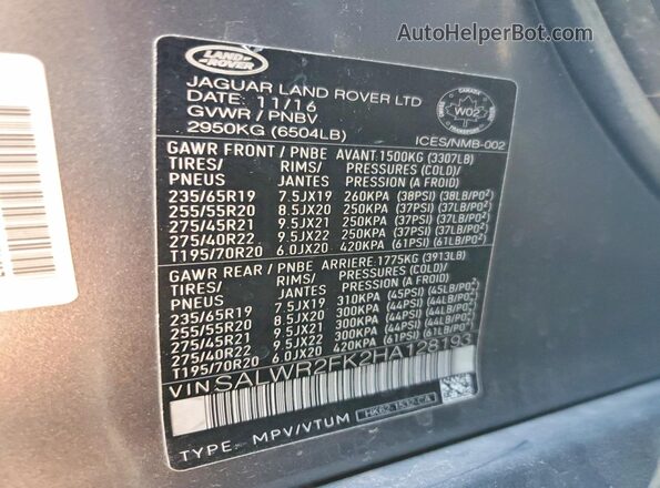 SALWR2FK2HA128193 2017 LAND ROVER RANGE Серый Вид наклейки с VIN-кодом