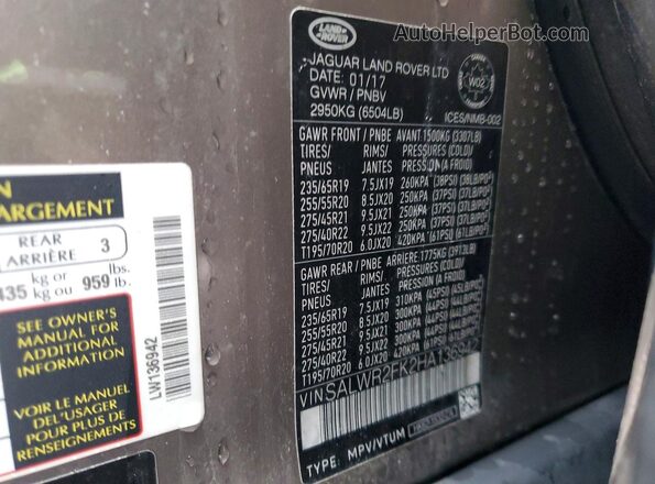 SALWR2FK2HA136942 2017 LAND ROVER RANGE Black Widok naklejki z numerem VIN