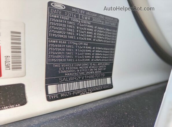 SALWR2FV1HA670119 2017 LAND ROVER RANGE White Widok naklejki z numerem VIN