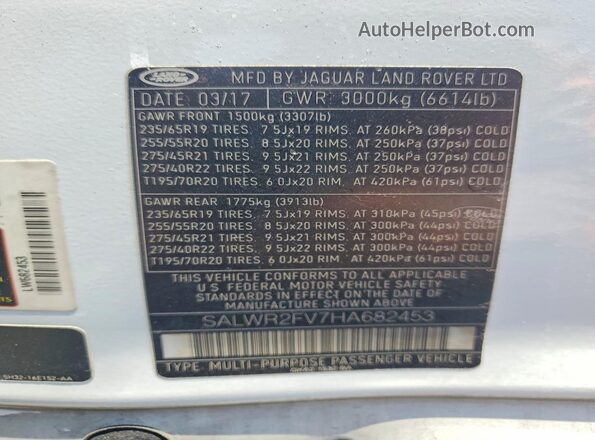 SALWR2FV7HA682453 2017 LAND ROVER RANGE White Панорамний вид салону 360°