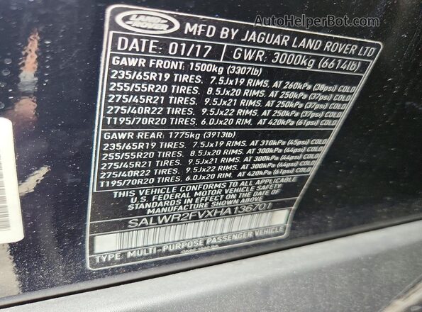 SALWR2FVXHA136701 2017 LAND ROVER RANGE Black Widok naklejki z numerem VIN