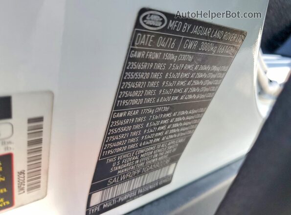 SALWR2PF1GA592236 2016 LAND ROVER RANGE Белый Вид подкапотного пространства