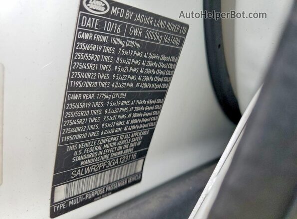 SALWR2PF3GA123116 2016 LAND ROVER RANGE Белый Вид наклейки с VIN-кодом