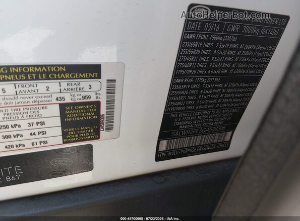 SALWR2PF3GA589306 2016 LAND ROVER RANGE ROVER SPORT White Vista del compartimento del motor