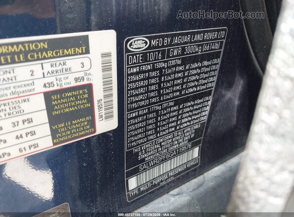 SALWR2PF6GA119576 2016 LAND ROVER RANGE ROVER SPORT Blue Вид підкапотного простору