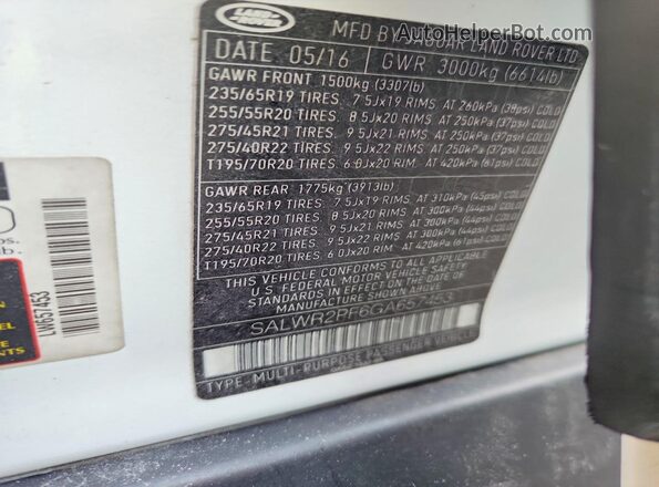 SALWR2PF6GA657453 2016 LAND ROVER RANGE White Вид наклейки з VIN-кодом