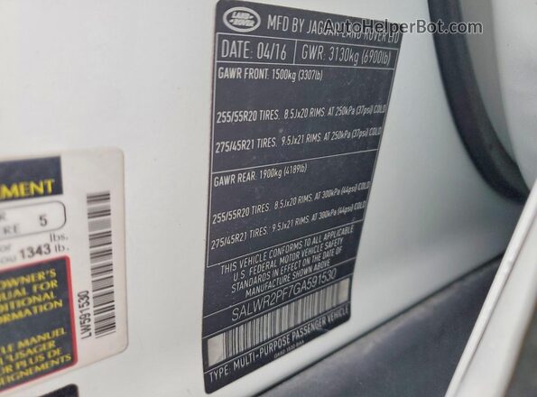 SALWR2PF7GA591530 2016 LAND ROVER RANGE White VIN կոդի պիտակի տեսք
