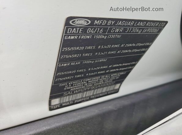 SALWR2PF9GA593022 2016 LAND ROVER RANGE White VIN კოდის სტიკერის ხედი