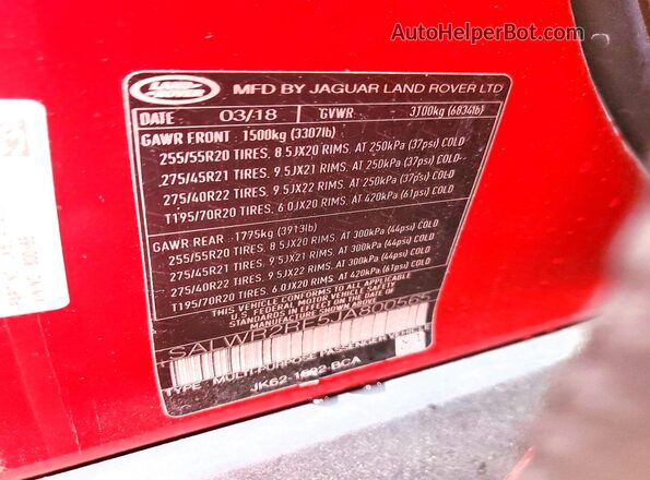 SALWR2RE5JA800565 2018 LAND ROVER RANGE Red Vista de la etiqueta del VIN