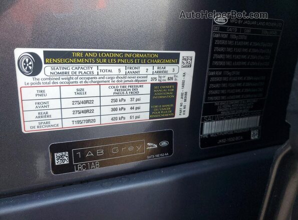 SALWR2RE5KA863666 2019 LAND ROVER RANGE Gray VIN კოდის სტიკერის ხედი