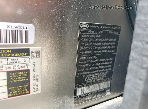 SALWR2RE6JA809615 2018 LAND ROVER RANGE Silver Vista de la etiqueta del VIN