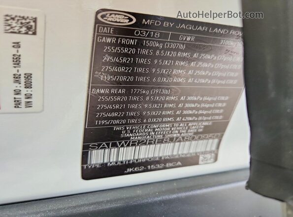 SALWR2RE8JA800950 2018 LAND ROVER RANGE White Widok naklejki z numerem VIN