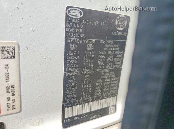 SALWR2RKXKA846545 2019 LAND ROVER RANGE White Widok naklejki z numerem VIN