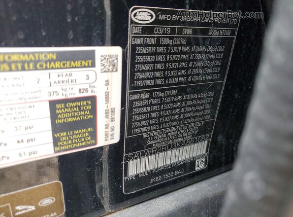 SALWR2RU3KA861082 2019 LAND ROVER RANGE Black VIN կոդի պիտակի տեսք