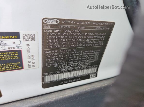 SALWR2RU3KA875435 2019 LAND ROVER RANGE White VIN კოდის სტიკერის ხედი