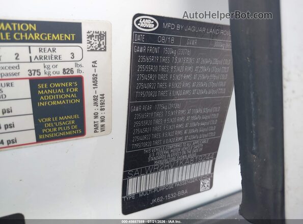 SALWR2RV1KA819244 2019 LAND ROVER RANGE ROVER SPORT White ძრავის განყოფილების ხედი