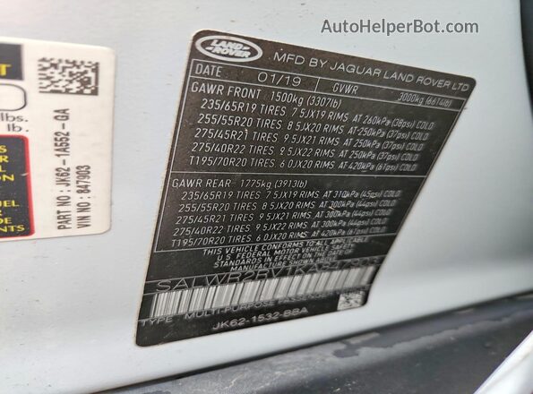 SALWR2RV1KA847903 2019 LAND ROVER RANGE Белый Вид наклейки с VIN-кодом