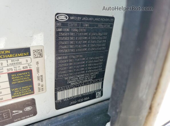 SALWR2RV4JA406538 2018 LAND ROVER RANGE White VIN կոդի պիտակի տեսք