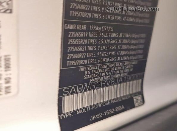 SALWR2RV8JA190001 2018 LAND ROVER RANGE White Հետևի նստատեղերի տեսք