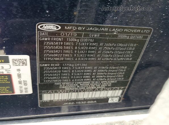 SALWR2RV9KA426737 2019 LAND ROVER RANGE Черный Вид наклейки с VIN-кодом