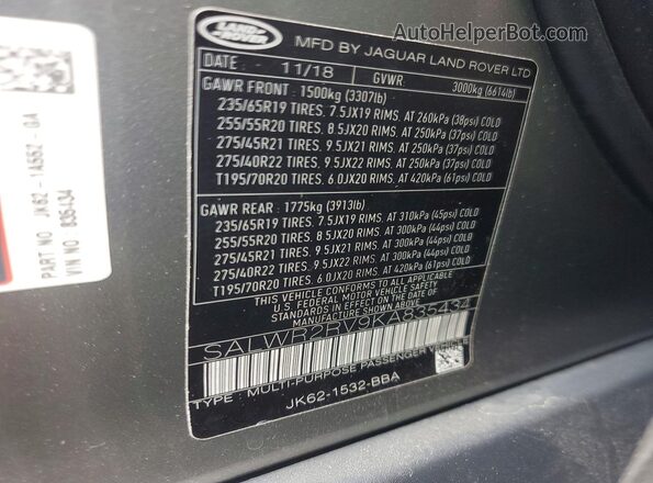 SALWR2RV9KA835434 2019 LAND ROVER RANGE Gray Вид наклейки з VIN-кодом