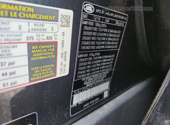 SALWR2RVXKA840559 2019 LAND ROVER RANGE Charcoal Widok naklejki z numerem VIN