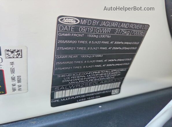 SALWR2SE0LA895310 2020 LAND ROVER RANGE White Widok naklejki z numerem VIN