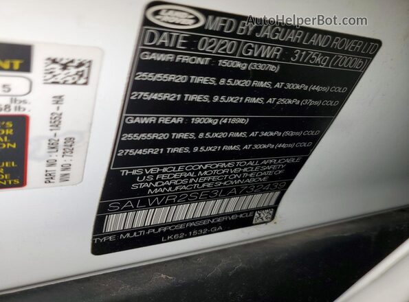 SALWR2SE3LA732439 2020 LAND ROVER RANGE Белый Панорамный вид салона 360°