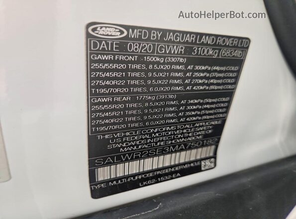 SALWR2SE3MA750182 2021 LAND ROVER RANGE White Vista de la etiqueta del VIN