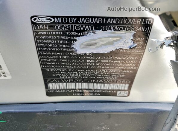 SALWR2SE3NA201969 2022 LAND ROVER RANGE Silver 360 interior view