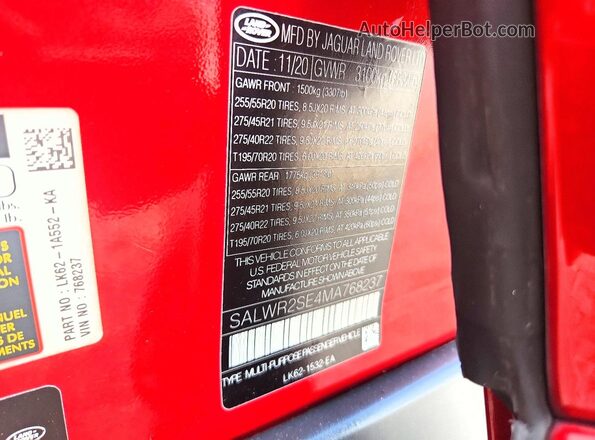 SALWR2SE4MA768237 2021 LAND ROVER RANGE Red Vista interior de 360 grados