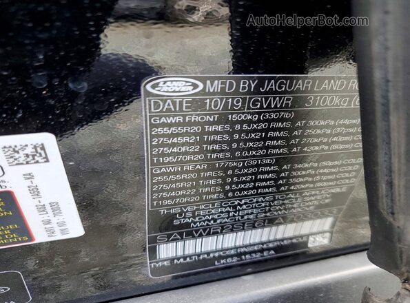 SALWR2SE6LA703033 2020 LAND ROVER RANGE Black 360 interior view