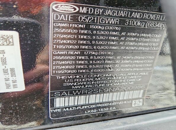 SALWR2SE9NA200986 2022 LAND ROVER RANGE Black VIN sticker view