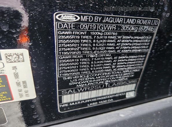 SALWR2SU1LA895386 2020 LAND ROVER RANGE Black VIN კოდის სტიკერის ხედი