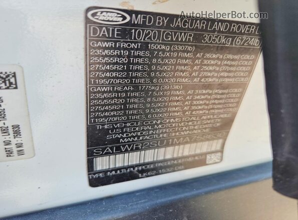 SALWR2SU1MA758630 2021 LAND ROVER RANGE White Widok komory silnika